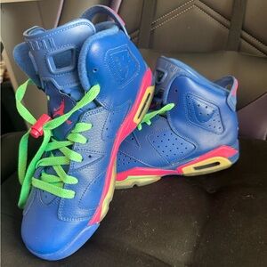 Jordan 6 Retro, size 7Y, royal blue, pink, green laces. Used in great condition